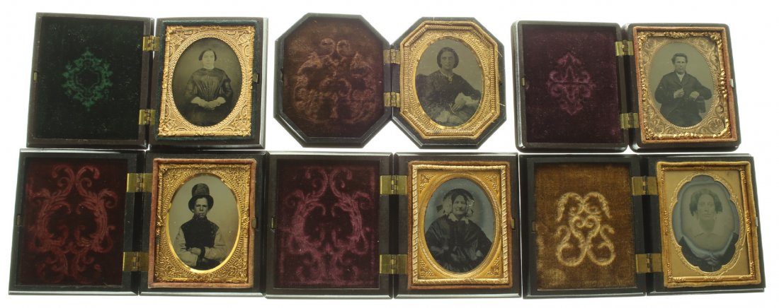 (6) 1/9 plate ambrotype: Description: 1.Plate Size: 1/9 platePhoto type: AmbrotypePhotographer: Unknown Hand Coloration: Cheeks/giltSubject Matter: WomanCase Name: The Rosette MotifCase Type/Maker: S. Peck & Co., Plastic, C. 