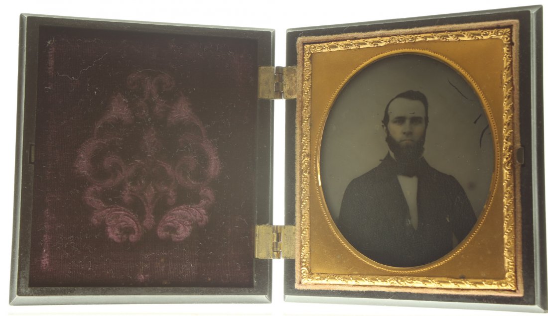 1/6 plate ambrotype: Description: Plate Size: 1/6 platePhoto type: AmbrotypePhotographer: Unknown Hand Coloration: Cheeks/giltSubject Matter: ManCase Name: The Proud ElkCase Type/Maker: S. Peck & Co., Plastic, C. 1860. Or