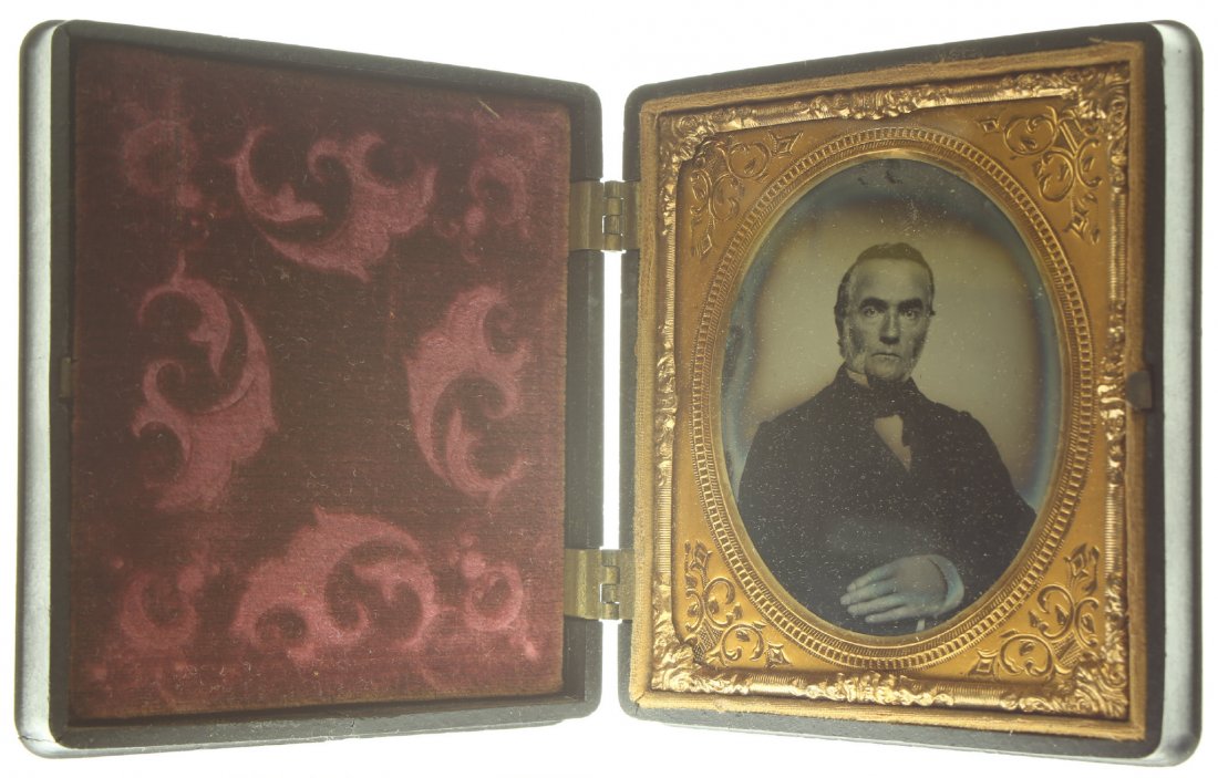 1/6 plate ambrotype: Description: Plate Size: 1/6 platePhoto type: AmbrotypePhotographer: Unknown Hand Coloration: noneSubject Matter: ManCase Name: Floral PatternCase Type/Maker: Littlefield, Parsons & Co., Plastic, c. 1