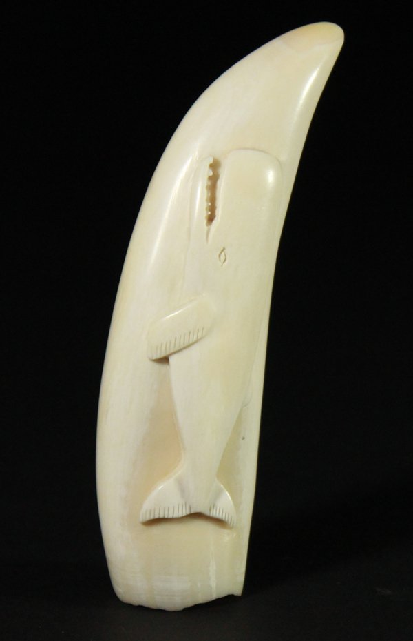 Sperm Whale relief carving on Whale tooth: Description: A relief carved sperm, carving on a whale tooth. Material: Whale tooth Maker/Artist: Unknown Date: 19th/ 20th century Provenance: n/a Size of Artwork: H. 5 x W. 2 X D. 2 in<b