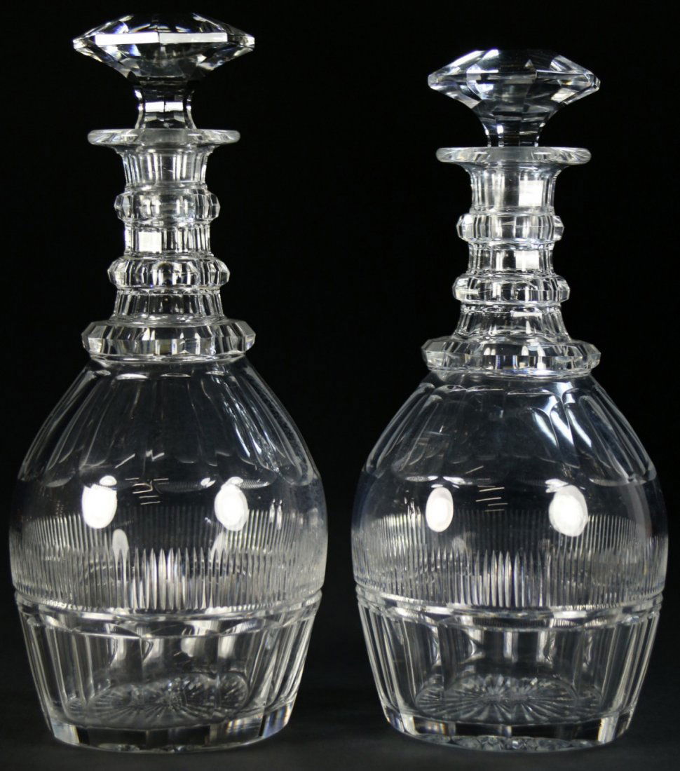 Pr. of Decanters, cut crystal, St. Louis, France: Description: A set of St Louis Crystal decanters, cut lead crystal with the faceted stoppers. Material: Crystal Maker/Artist: St Louis France Date: Second half of the 20th century Provenance: Dahlgr