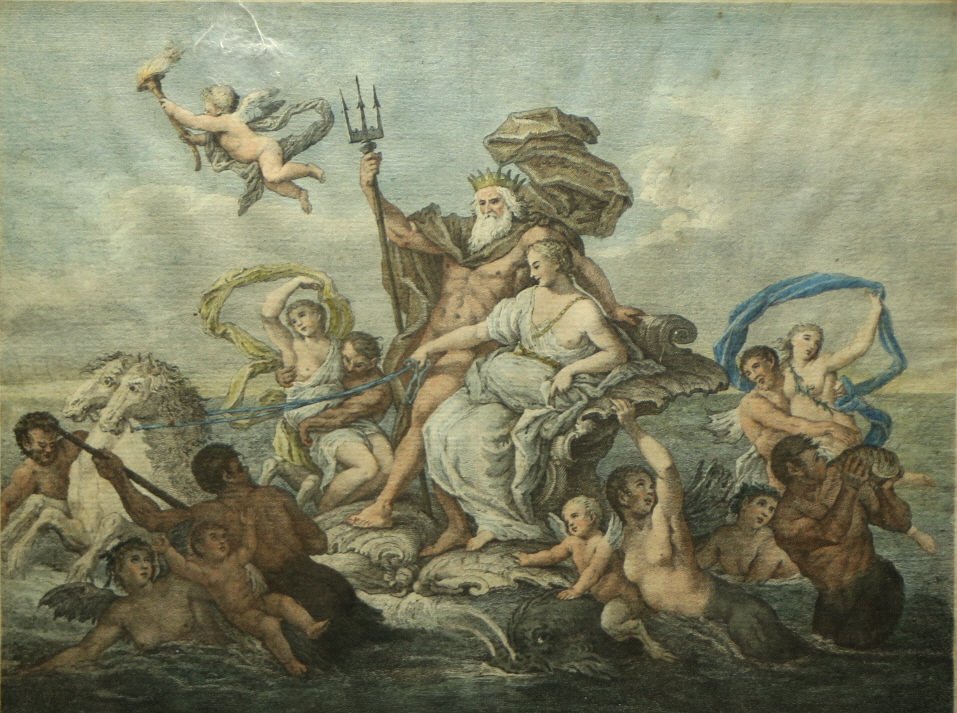 Engraving of Neptune by Sebastiano Conca: Description: Engraving titled Il Tridente la Nettun, le briglie Teti: Questa regga I Destrier; Quei l'onde accheti. Original artwork by Sebastiano Conca. Engraved by Giac: Leonardis. Early hand colori