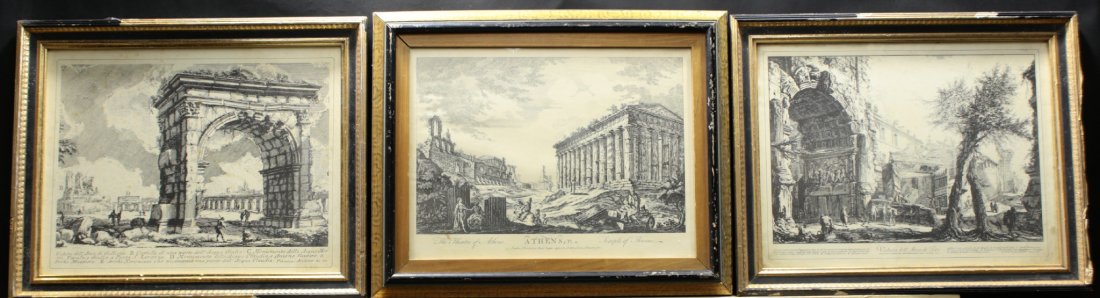 (3) Prints, Veduta Dall'Arco, by Piranesi: Description: A trio of engravings, 1. Veduta Dell'Arco di Gallieno 2. Veduto dell' Arco di Tito 3. The third not by Piranesi, Theatre of Athens. Giovanni Battista Piranesi (1720-1778) was a major Ital