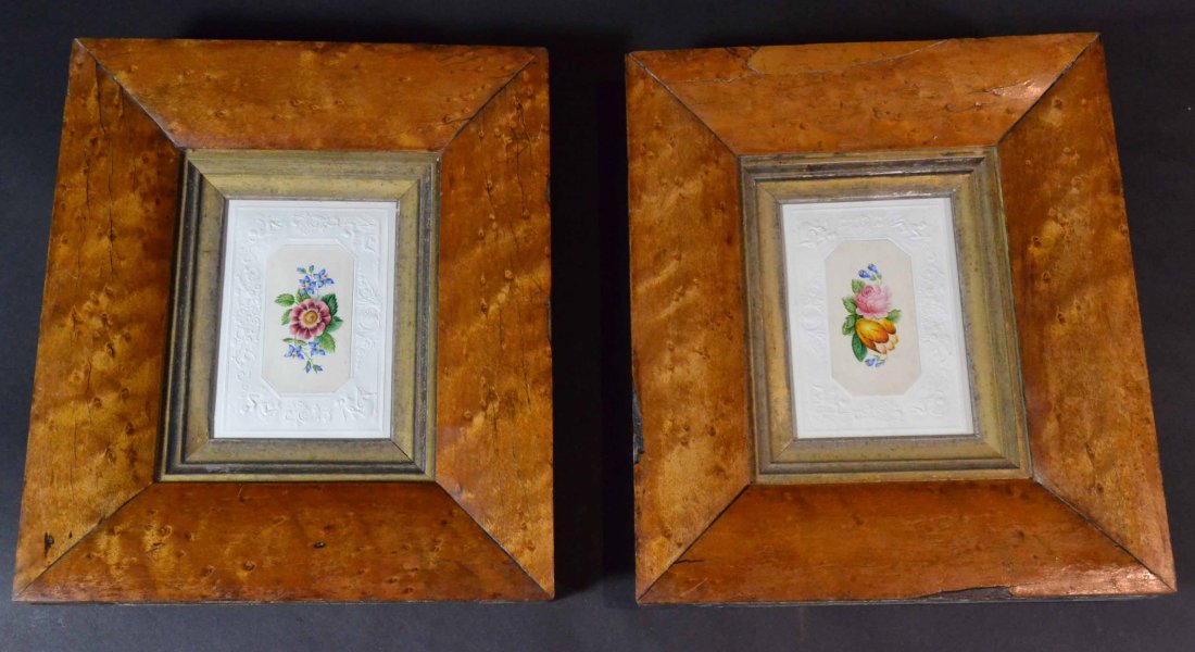 Pair W/C on embossed paper, c. 1840.: Description: Two finely done floral paintings on paper mounted to an embossed paper 'mat' having classical cherubs in each corner. Original burl maple veneer in a shadowbox box style frame on pine. Un