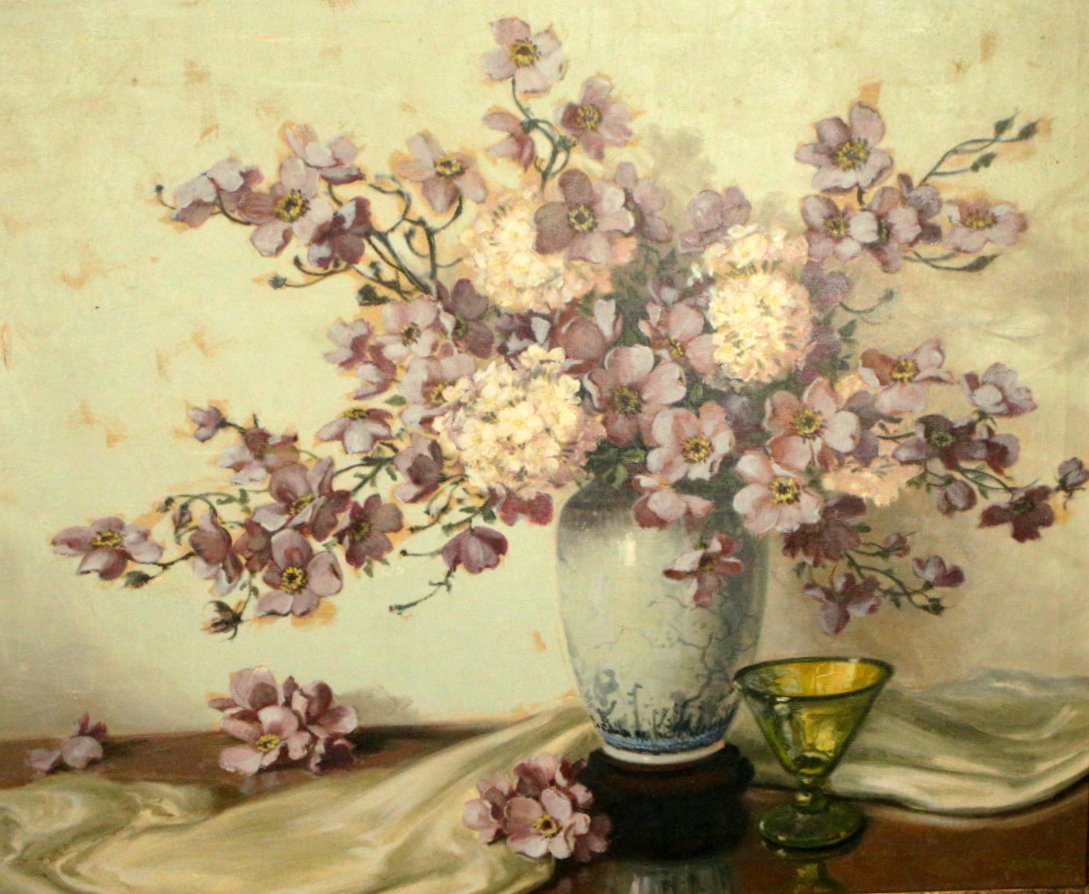 O/C Floral Still Life, orig frame, A. D. Greer: Description: A floral still life, by A D Greer. In the picture you see a vase with flowers and a glass sitting next to it on a partially cloth covered table. Material: oil on canvas Maker/Artist: A D 