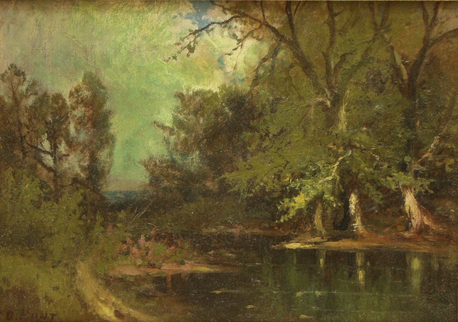 O/C C.D. Hunt, Landscape With Stream: Description: Oil on canvas tonalist painting of a landscape with a stream by Charles D. Hunt, signed lower left. Retains the original picture framer label of H. Chapman, Bronxville N.Y. Artist biograp
