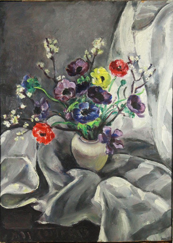 O/B Vase with flowers on Grey Cloth, M Walter: Description: An oil on board painting by Martha Walter, shows a still life of a vase of flowers placed on a grey cloth. Material: Oil On Board Maker/Artist: Walter Date: 20th century Provenance: n/a