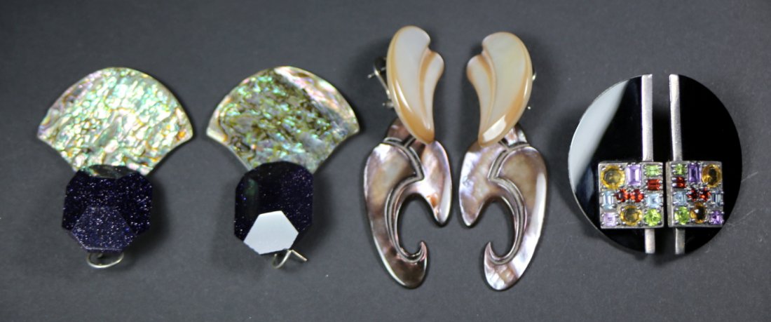(3) pairs of earrings: Description: 3 pairs of earrings: 1.A pair of pearl & mother of pearl earrings, signed Stephen Dweck, CR2.A pair of art deco style, 1930’s earrings in onyx, and gemstones. The gemstones are, peridot