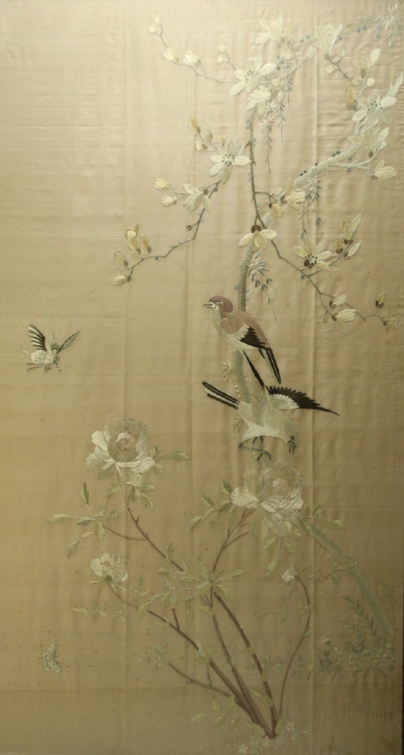 Silk Embroidery on Silk, Asian, c. 1920: Description: Silk Embroidery on Silk, Asian art, framed, c. 1920 Material: Silk Maker/Artist: Japanese School Date: Circa 1920 Provenance: Dahlgren, Drexel, Wharton Estate Size of Artwork: