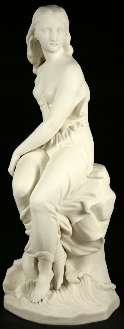 Minton Parian Porcelain Sculpture Miranda, 1850: Description: Minton Parian porcelain sculpture of Miranda, modeled by John Bell. The female figure is seated on a rocky base with a shell and waves at her feet. Signed on the side of the base, "Minton