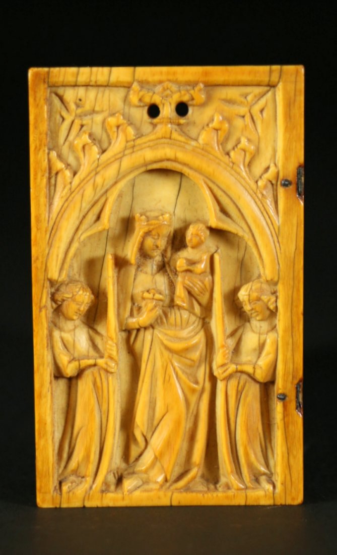 c. 1375 Gothic, Ivory, Madonna, Child & Angels: Description: Ivory relief carving of Madonna with child & flanking angels. Likely a tabernacle door or a book cover. Middle Gothic period, late 14th century, Northern Italian or French. Material: Ivor