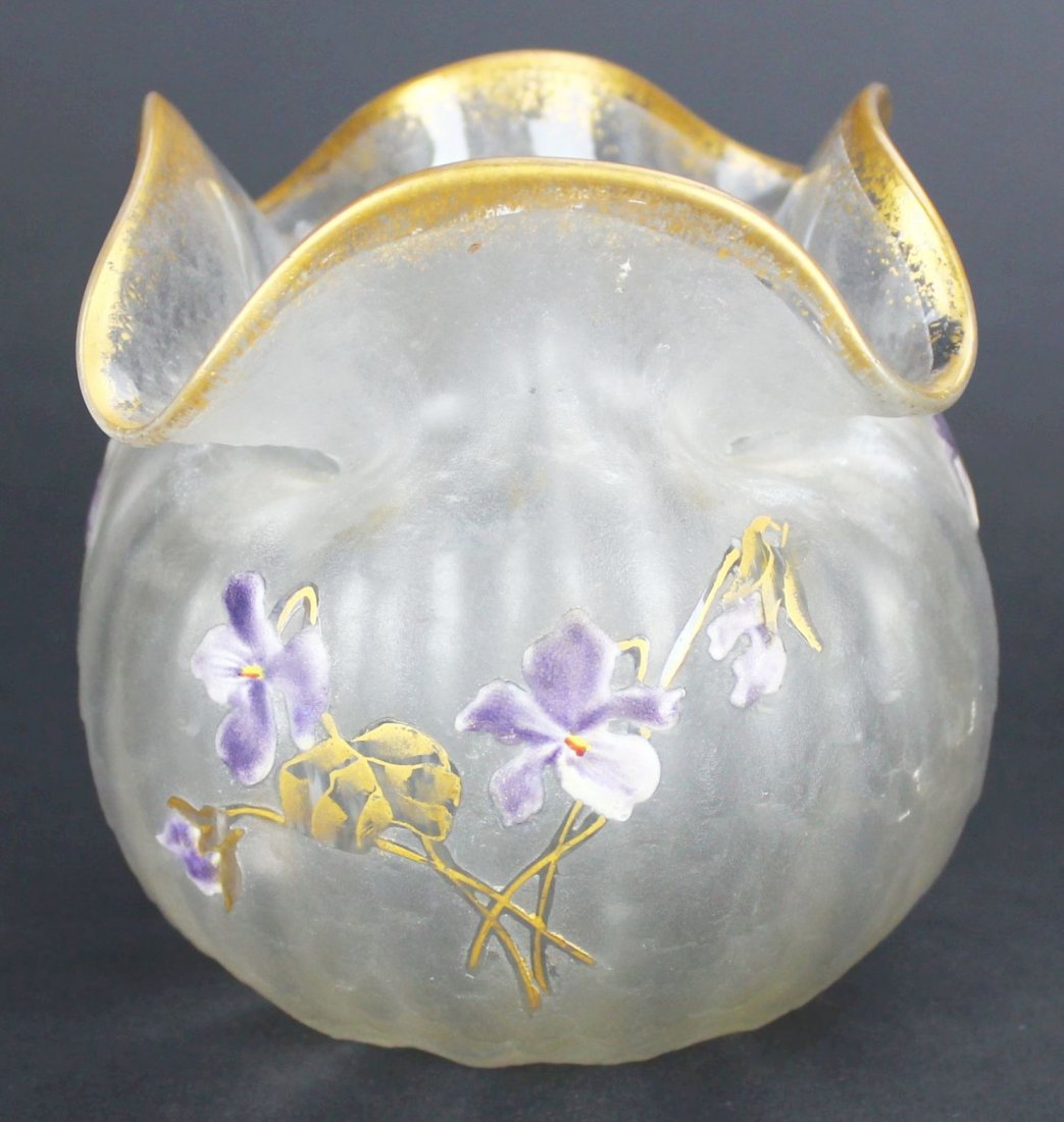 Vase, Flower Petal, Le Gras, Enamel & Gilt: Category: Glass Description: This round vase has an open lipped rim edged in gilt. The frosted glass has enameled irises and gilt stems and leaves. Notes: Legras was founded in 1864 by Auguste Legras 