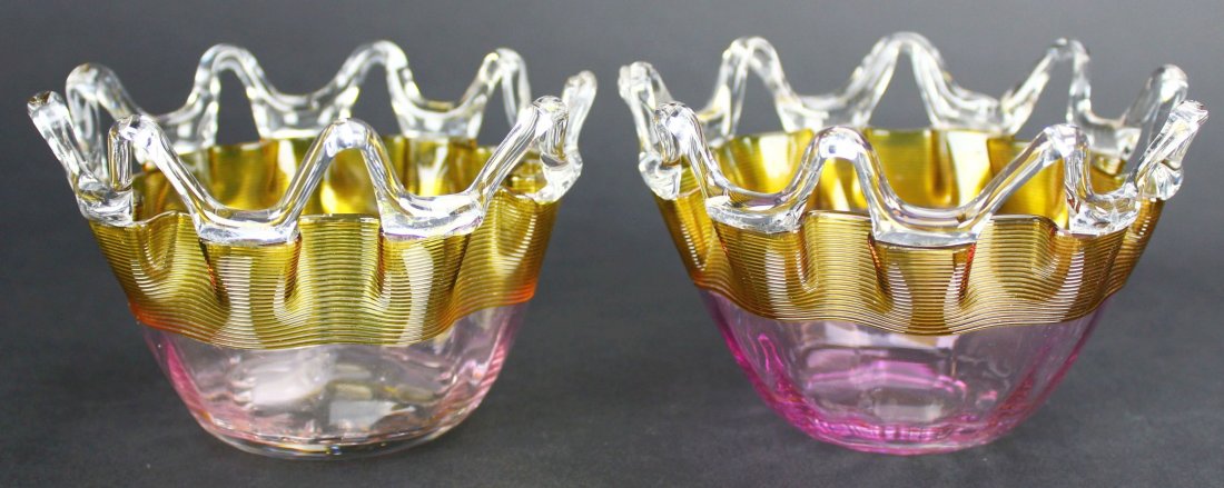 Berry Bowls, Thomas Webb, Threaded Glass: Category: Glass Description: These berry bowls have threaded glass rims with a ribbon pattern. The base glass is tinted a light pink with the threaded glass rim being an amber-yellow. Notes: Thomas We