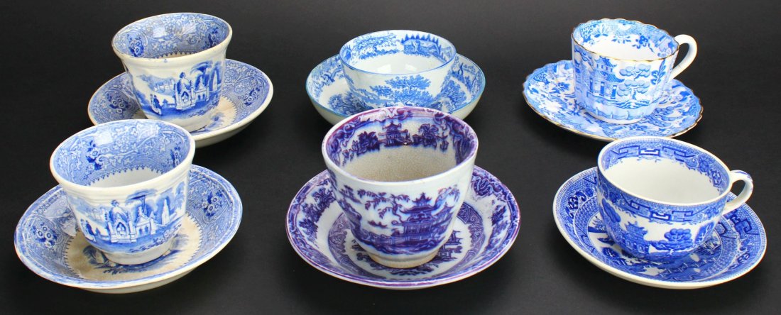 Teacups and Saucers, 6 Pieces, Blue: Category: Pottery And Porcelain Description: These teacups are similar in design, two share a maker in the form of W. Adams. One cup and saucer pairing has gilt rims. Notes: It is believed that the id