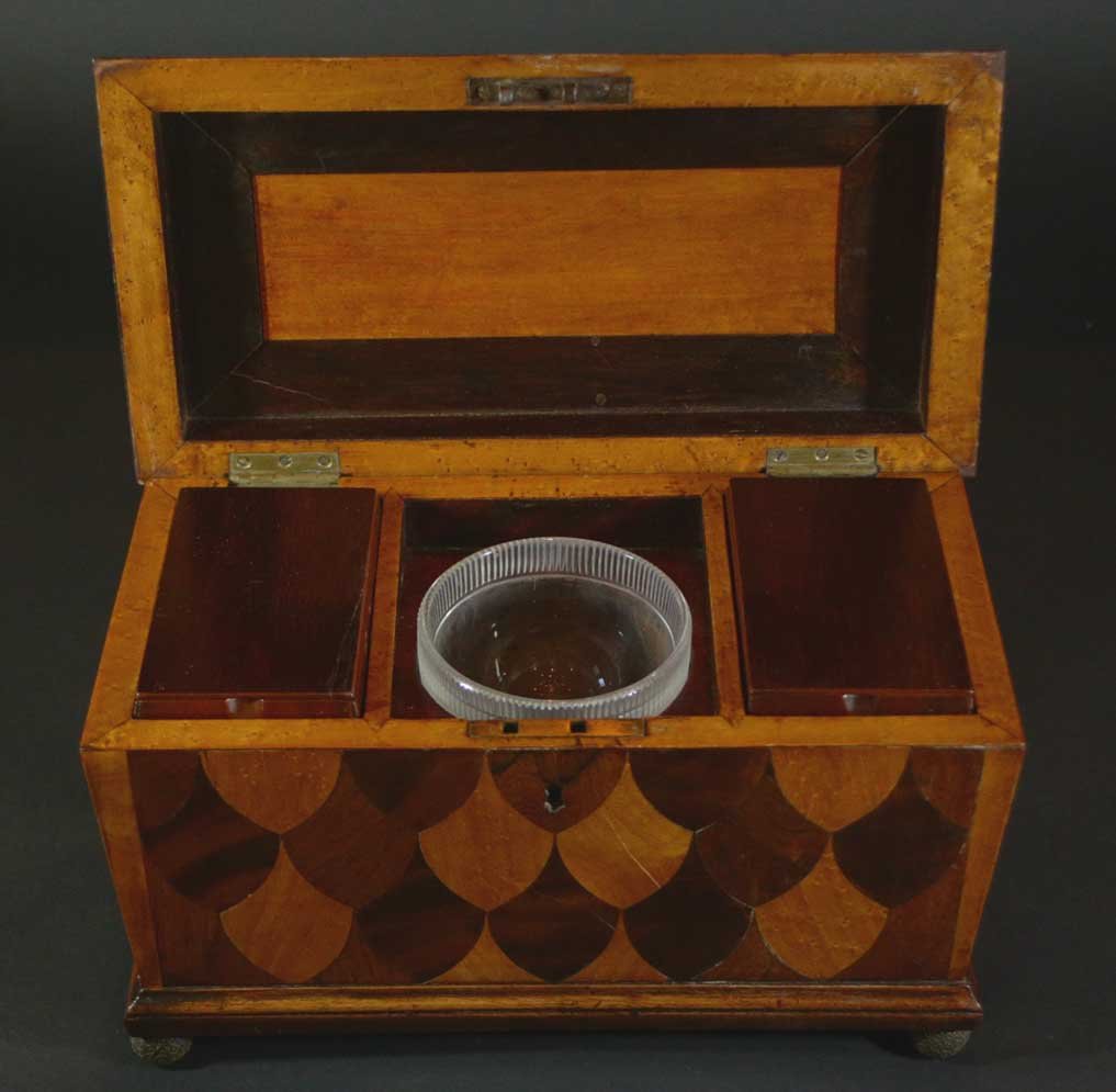 Tea Caddy, Mahogany & Pine, Marquetry, C. 1820: Antique and Collectables Category: Boxes Description: Piece is very detailed, constructed of mahogany with pine secondary wood. Exterior has fine marquetry fish scale pattern of mahogany, birch with c