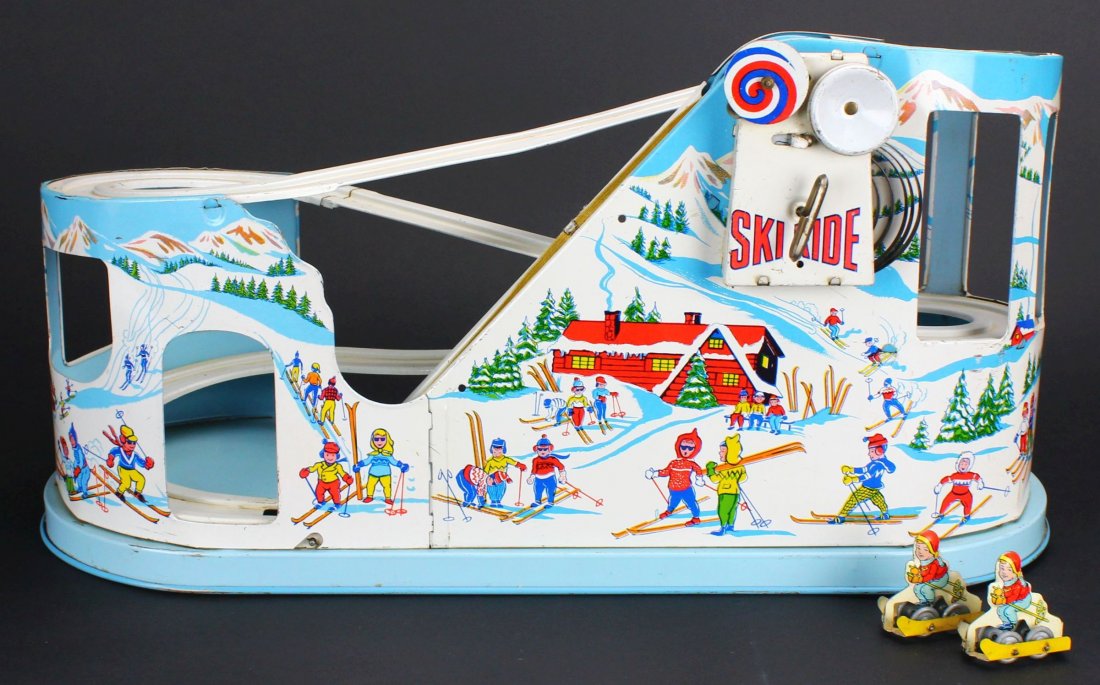 Chein Toys, Ski Ride Roller Coaster, Tin: Antique and Collectables Category: Toys Description: This toy ride is designed to look like the slopes of a mountain with two children on wheeled skis. It is litho printed with a ski resort. Material: