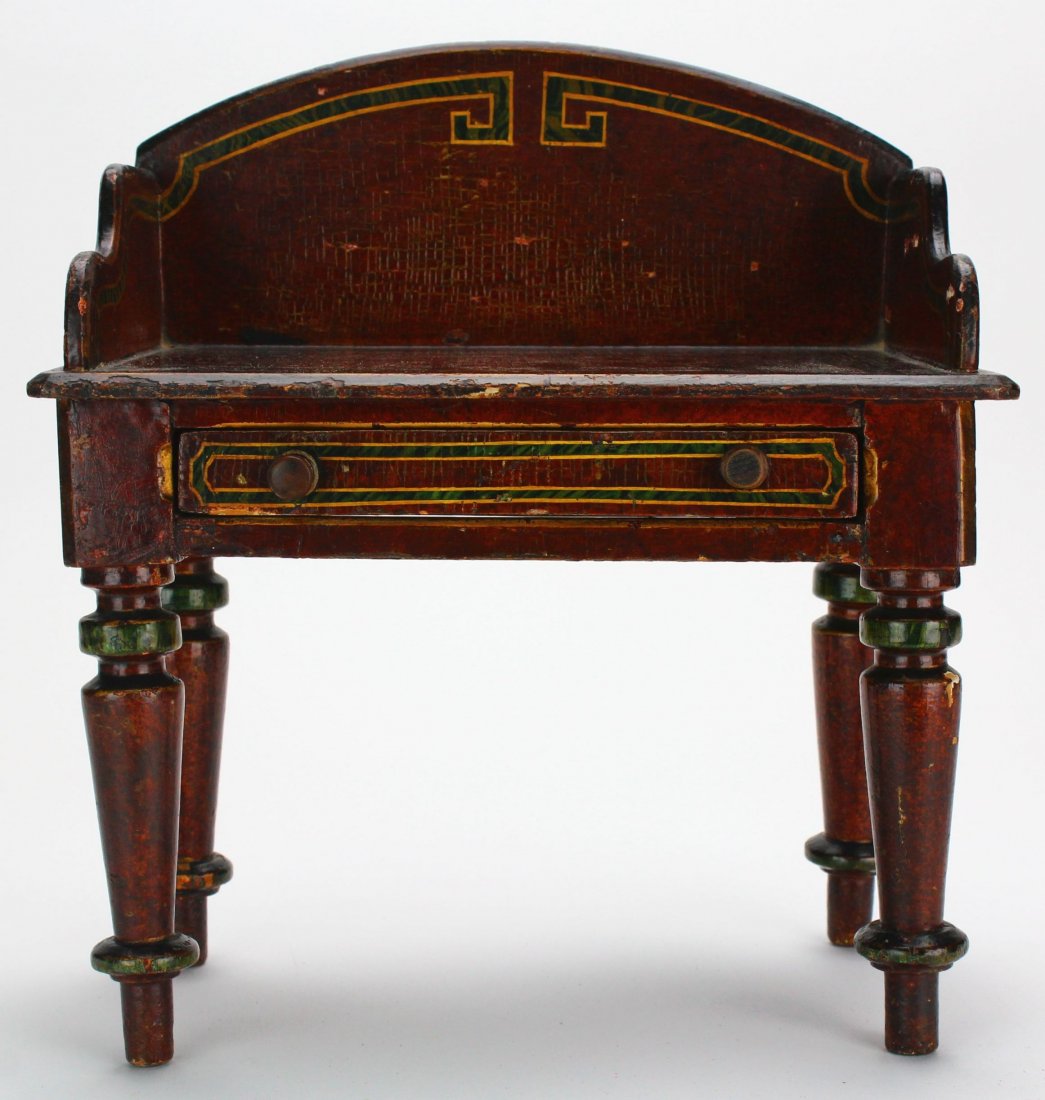 Miniature Furniture, Pine Wash Stand, C.1870: Antique and Collectables Category: Furniture, Miniature Description: This miniature wash stand is made entirely out of pine, but has been grain painted to appear maple, in keeping with the aesthetic o