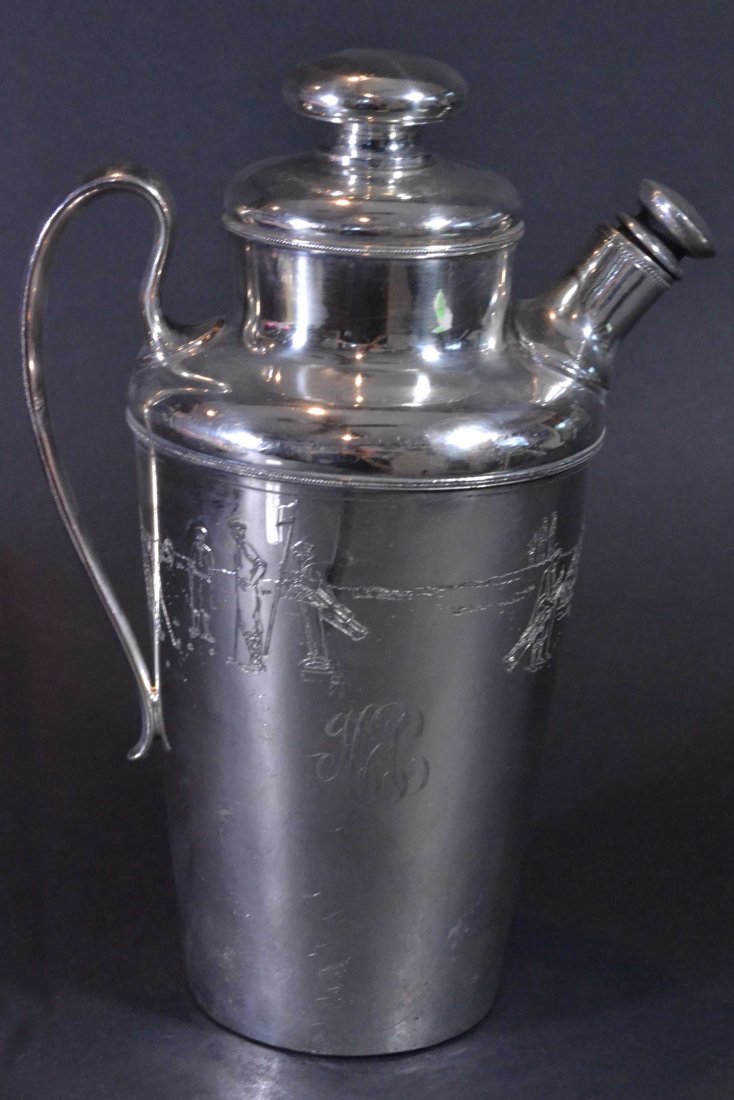 Golf, Coffee Pot, Silver Plating, Initials HEC: Antique and Collectables Category: Sports Description: A silver plated coffee pot, engraved in a golf theme of golfers on the green. Material: Silver plate Maker/Artist: Unknown Date: Circa 1920 Prove