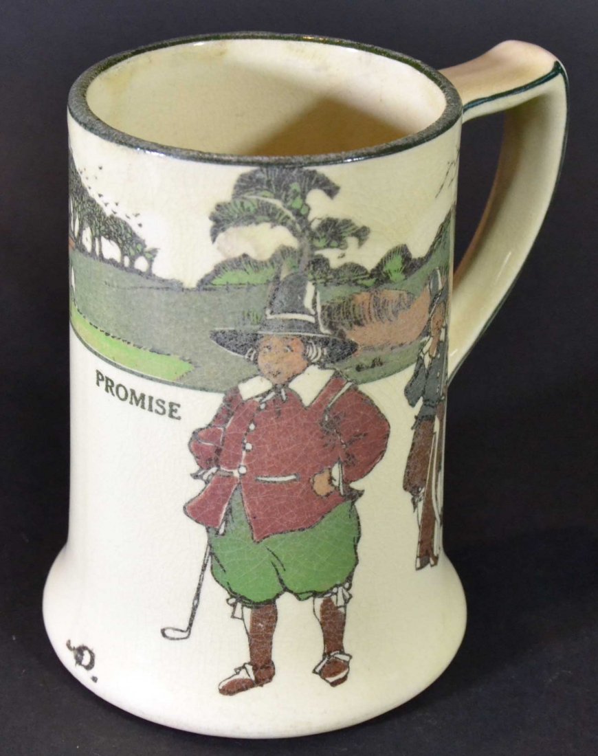 Golf Drinking Mug 'Promise Little . ..'Royal Doul: Antique and Collectables Category: Sports Description: A Royal Doulton mug, illustrated from Charles Crombie's famous Rules of Golf book. Golf theme dinnerware. The mug reads Promise little and do muc