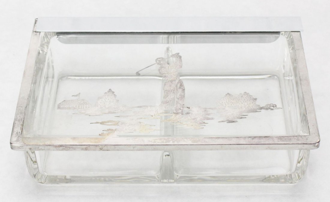Golf, Glass, Hinged Box, 2 Compartments, C. 1950: Antique and Collectables Category: Sports Description: A decorative glass box and silver overlay with a golf theme, of a golfer a putting on the green. Material: glass Maker/Artist: Unknown Date: Circ