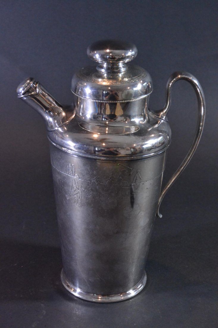 Golf, Coffee Pot, 19-20th C.: Antique and Collectables Category: Sports Description: A silver plate coffee pot server/ pourer in a golf theme. Has engraved details of golfers on the green Material: silver plate Maker/Artist: Unkno