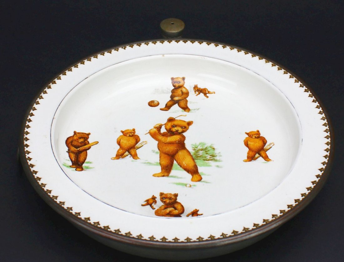 Baby's Plate with Warmer, Golf, Sports: Antique and Collectables Category: Sports Description: Rare original warmer with spout and screw cover, marked on the base Prince of Wares, English Made. Golf, Cricket, soccer and roller skating bears
