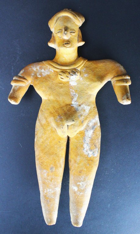 Figure, Colima Flat, Mexico 100 B.C. - 250 A.D.: Antique and Collectables Category: Pre-Columbian Description: This female figure is mostly two-dimensional with protrusions built up to indicate that the figure is a nude female. The figure is also we