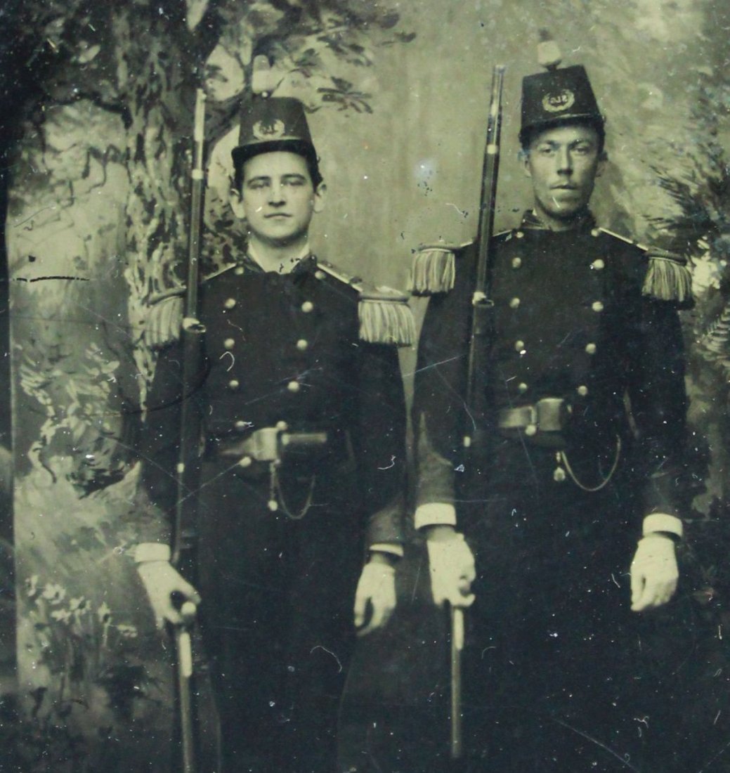 Tintype, Sumter Light Guard, GA: Antique and Collectables Category: Civil War Description: This portrait is of two soldiers standing side by side with their rifles held upright beside them. Their caps display the S L G for their Geor
