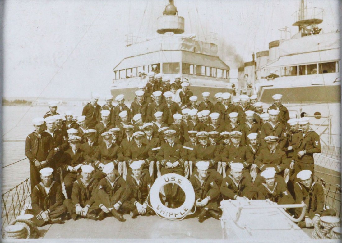Photo, USS Whipple Crew, Louis Ashton Drexler Jr.: Antique and Collectables Category: Photographia Description: This photograph was taken on board the USS Whipple, during WWII. It depicts the entire crew of the Destroyer, posing for the shot with sail