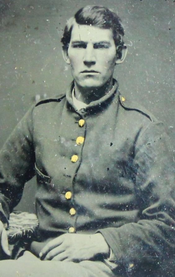 Ambrotype, Civil War, Sixth Plate: Antique and Collectables Category: Photographia Description: The uniform of the seated soldier has hand-applied paint to make the buttons pop. His body is angled to the left, but he faces forward to l