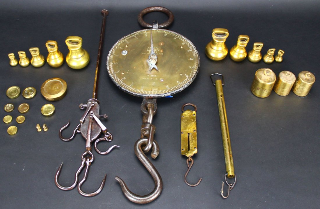 Brass, Scales, 4 Pieces, w/ Weights 19th C.: Antique and Collectables Category: Brass Description: These four pieces are each scales used in the measuring of different meats or fish. The item would be placed on a hook and weighed using a series