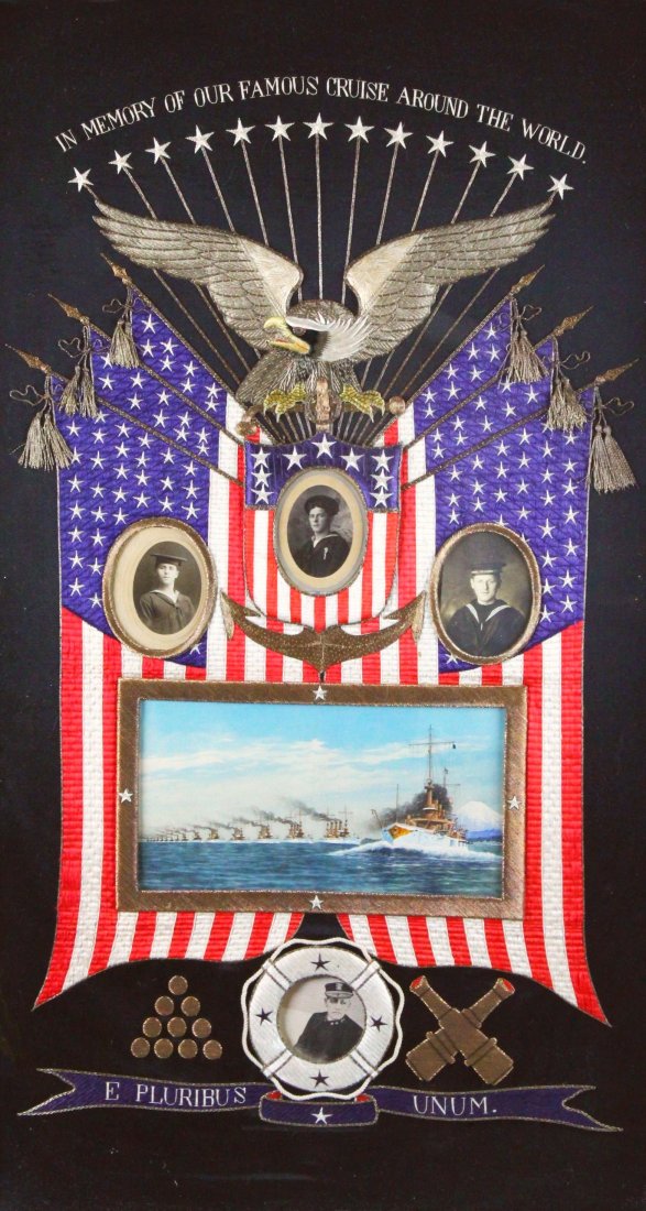 Needlework, Japanese ' Great White Fleet': Category: Nautical Description: Silk embroidery titled " In Memory of our Famous Cruise Around the World" depicting an American eagle above draped American flags encompassing portraits of three sailor