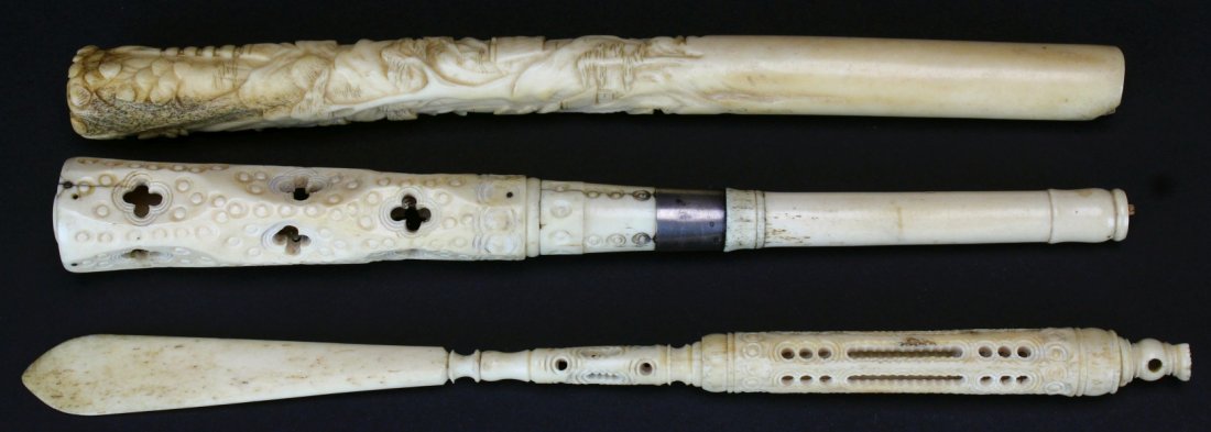 Parasol Handles (2), Stanhope Letter Opener: Description: Two carved bone parasol handles: One elaborately decorated with winding trees and houses, signed. Second is a slender cylinder shape w tapering sides, ornamental. Stanhope letter opener i