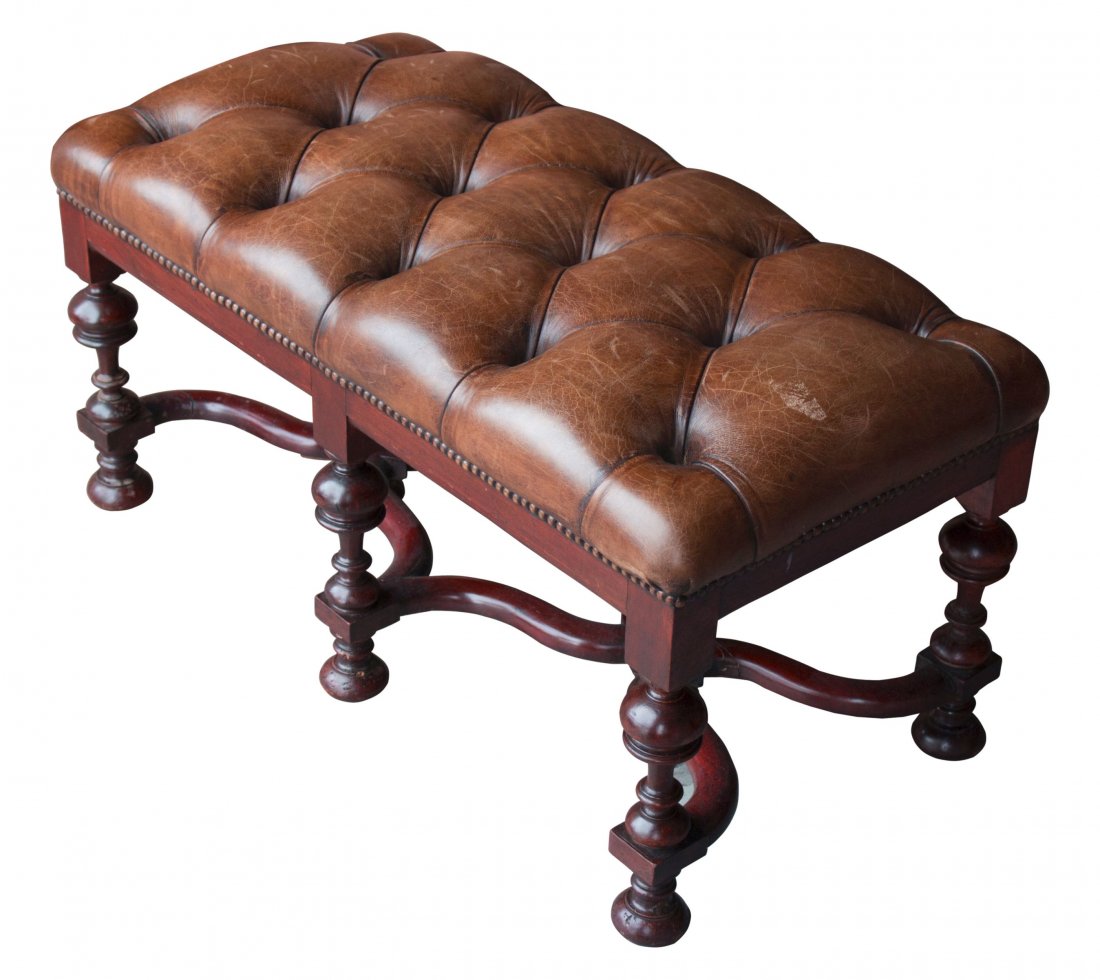 Walnut Bench, Tufted Leather, c.1900 (1 of 6)