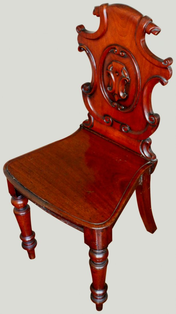 Chair, Carved & Turned Mahogany: Description: Scroll form rolled back, solid splat and seat. History: N/A Provenance: Helen & Dr. Roland Kohen, Miami, FL Dimensions: Weight (Pounds & Ounces) = 20 | Height(in) = 36 | Width(in) = 17