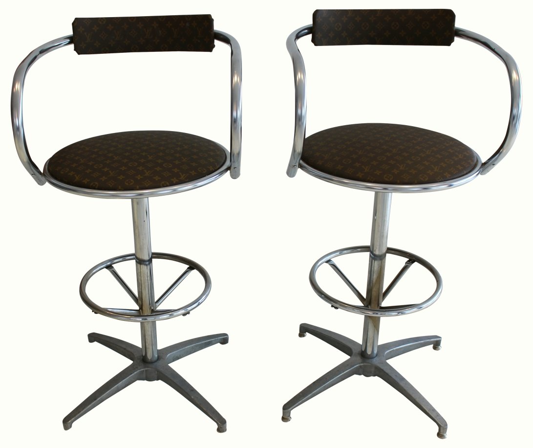 Pair Chrome Stools, Louis Vuitton Upholstery (1 of 7)