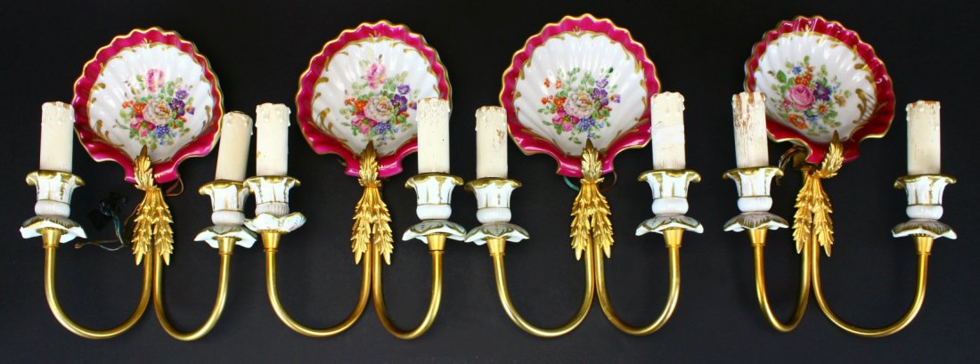 Dresden Wall Sconces, (4) Hand Painted, Gilt (1 of 7)