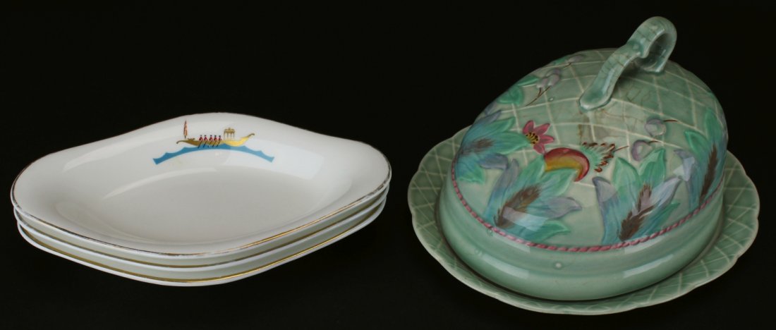 Covered Cheese Dish, Wedgewood Bone Plates: Description: 1. Covered cheese dish. green with diamond cut design and florals. Marked, Newport Pottery, England. Clarice Cliff. 2. Three oval bone dishes from Savoy Hotel, London. Gilt rims, five men