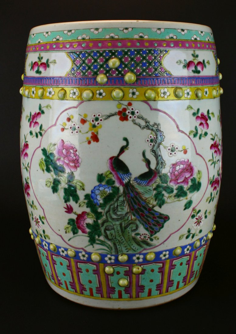 Chinese Garden Seat Circa 18th Century: Description: Rose Medallion Garden Seat, China, early 19th century, 18.5" high. Entirely decorated with Famille Rose design of alternating figures of blossoms with butterflies and floral motifs. Histo