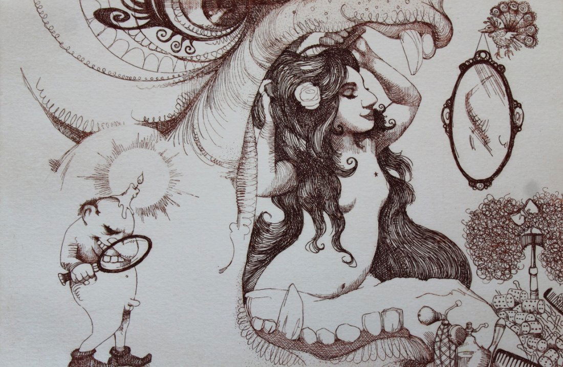 P/P "Vanity" (258 of 300) signed C Bragg: Description: Print on paper etching (258 of 300) pencil signed by Charles Bragg (born 1931) an American sculptor, painter, artist and author known best for his satirical artwork. Etching depicts a bea