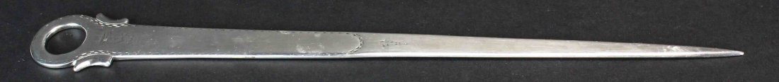 Irish Georgian Letter Opener c.1784: Description: Sterling silver letter opener made by the Dublin, Ireland silversmith Benjamin Taitt (Tate), registered 1784. Hand engraved with a simple geometric designs, and a crowned rampant lion ove