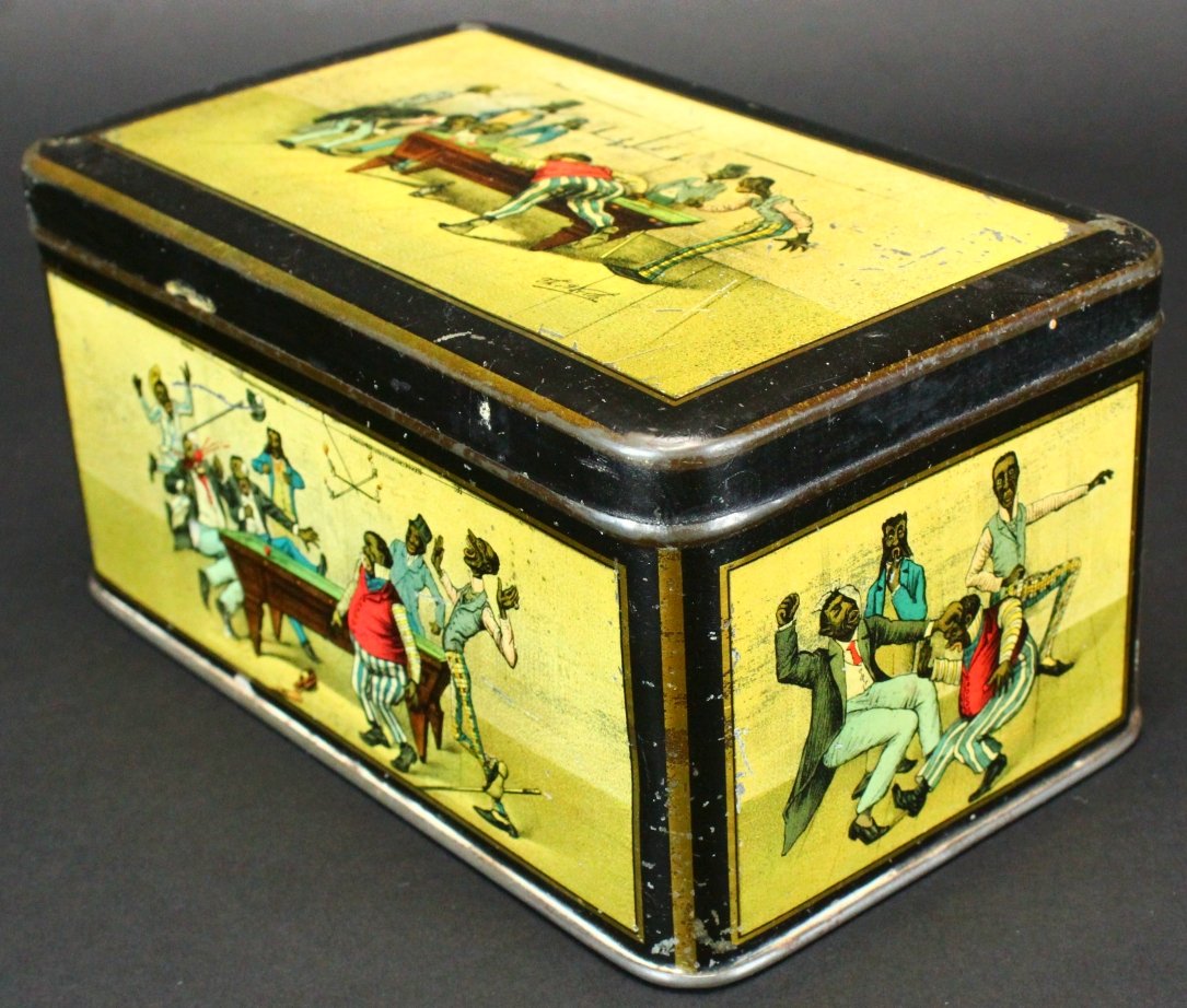 Black Americana Tin Box, Billiard Players, C 1900 (1 of 8)