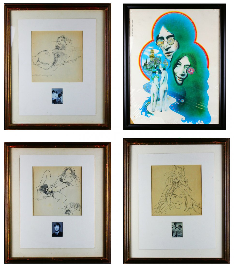 (5) John Lennon, Lithograph Copies and Poster: Description: This lot has five items. There are three copies from a book of the original lithographs done by John Lennon in his "Bag One" series in 1969. These drawings of Lennon and Yoko Ono were exh