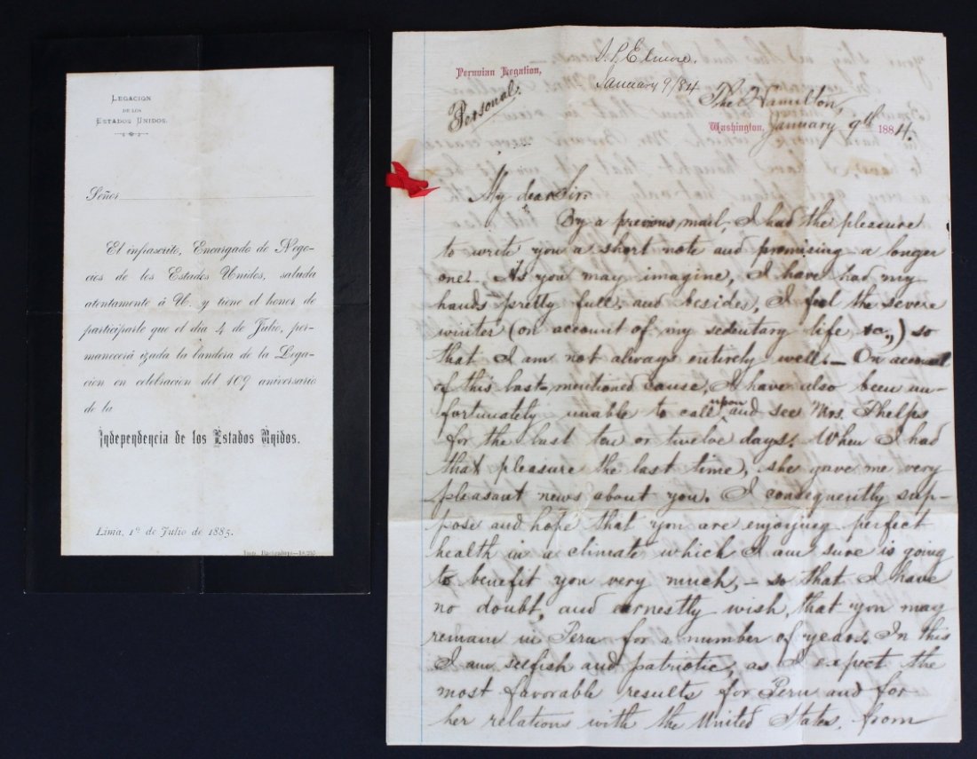 Letters, Seth Ledyard Phelps to Peru, 1884-5: Description: This lot contains two historical letters. One is a four page letter from US Minister Seth Ledyard Phelps to the Peruvian Embassy while the second is an invitation to the American Embassy 