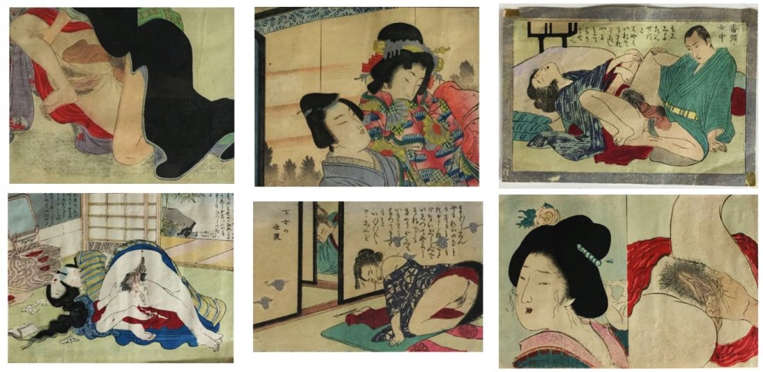 6 Prints Japanese Erotica: Description: A six piece set of watercolor paintings as well as woodblock color prints depicting "Shunga" or Japanese erotica. Produced in large quantities during the Edo period, (1600-1868). "Shunga'