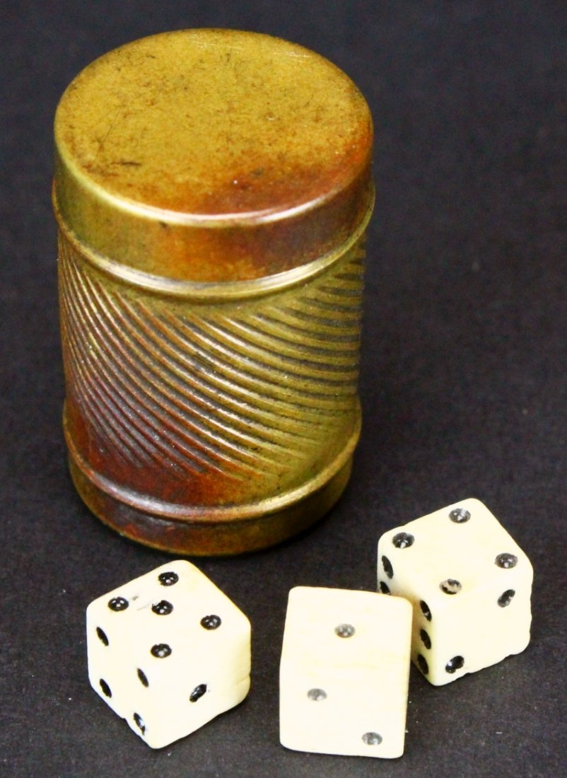 Dice, Bone, Original Box, Marked G.R., 1830-37: Description: Original canister, silver-plated brass. Given the number of dice and the tumbler they are kept in, the game these dice were most likely used for was Sic Bo, a game of complete chance play