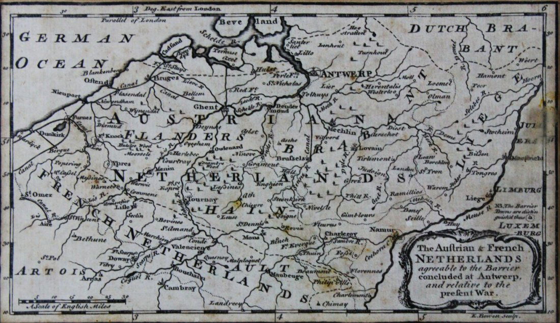 Map, of the Netherlands Circa 1734: Description: Map of "The Austrian and French Netherlands attributed to Emanuel Bowen and Herman Moll. History: Moll produced his earliest maps from studying cartographers such as John Senex and Emanue