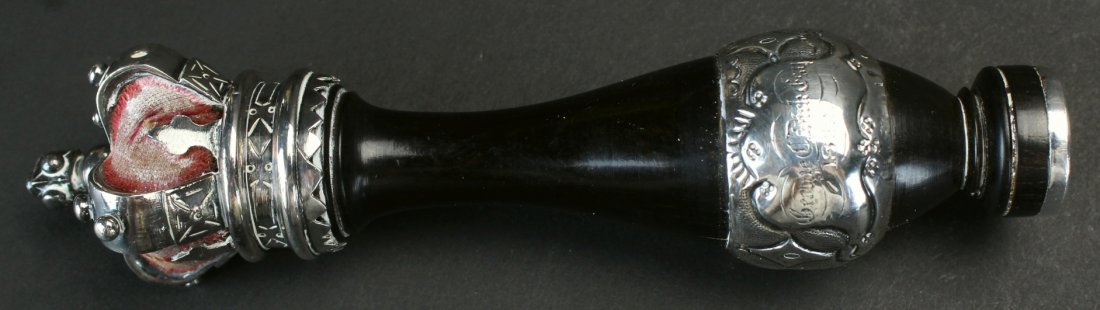 Gift Presentation Tipstaff , Boxed: Description: This is a miniature version of a magistrate's tipstaff. It's made of ebonized wood with silver ends and nameplate. The bottom is a seal of the city of Glasgow, Scotland which reads, "Let 
