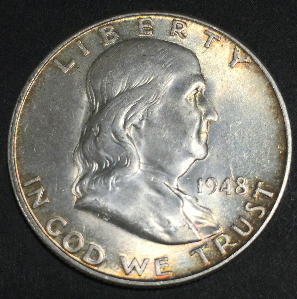 1948-D $ .50 Franklin FBL MS 63: Description: 90% silver History: Franklin halves were produced between 1948-63 at the U.S. mints in Philadelphia, Denver, & San Francisco. Provenance: Hawaiian Collector Dimensions: Weight (Pounds