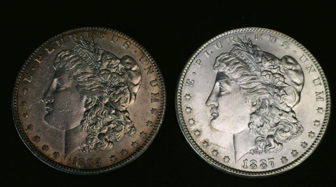 1889-S Morgan $1 XF43, 1887 Morgan $1 MS62, (1 of 2)